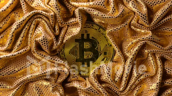 The bitcoin is surrounded by a bright golden fabric. Cryptocurrency. Gold coin. 3d illustration