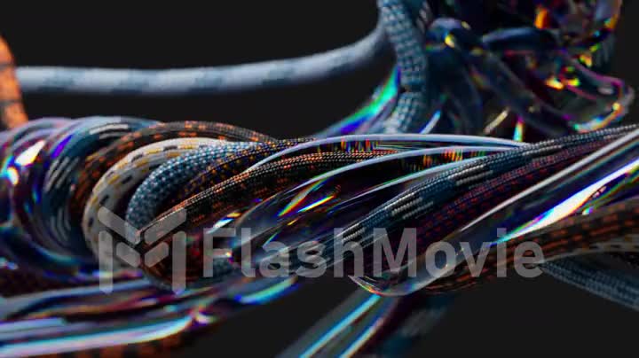 Live wires and ropes randomly move, twist and unwind. Black isolated background. Rainbow color. 3d animation.