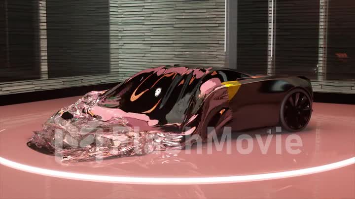 A golden sports car transforms into a transparent pink film. Exhibition item. Wealth. Shape change. 3d animation.