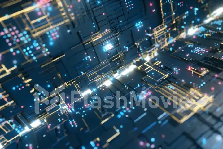 Abstract big data transfer. Binary processing is handled by the computer motherboard. Futuristic processing of server code. Blue technology background with bokeh. 3d illustration