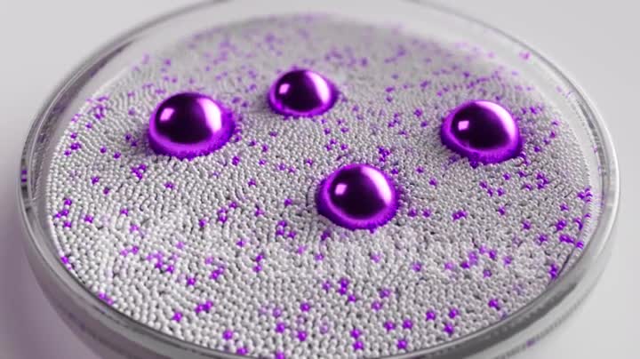 Several purple spheres are spinning in a circle