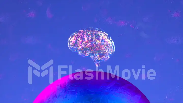 A diamond brain floats above a blue glossy sphere. Abstract background. Transparent rainbow color. 3d illustration