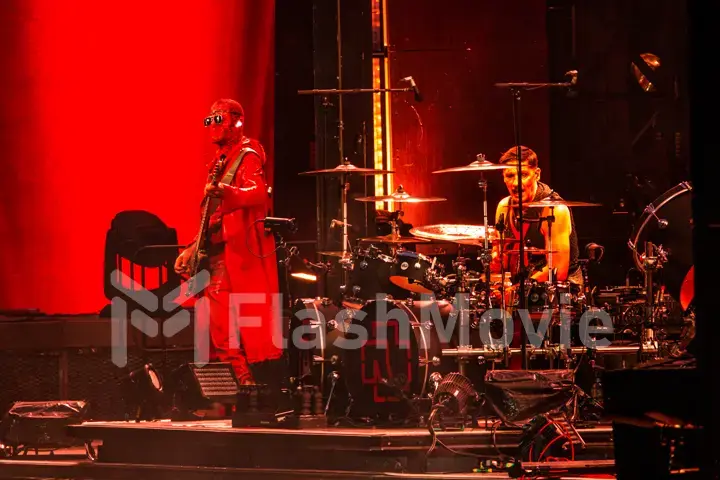 MOSCOW, RUSSIA - JULY 29, 2019: Rammstein group fire concert at Luzhniki Stadium. Crowds of fans gathered at a rock concert of their favorite metal band.