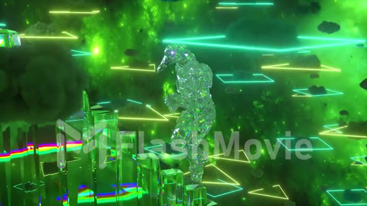 The diamond duck climbs the space stairs. Astronaut. Reflection. Green yellow neon squares. Stones. 3d animation