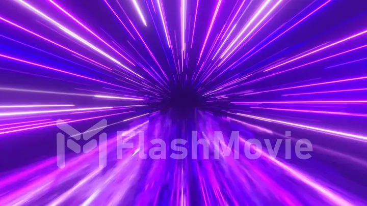 Flying in space with luminous neon lines. Hyperspace. Modern ultraviolet spectrum of light. Blue purple color. 3d illustration