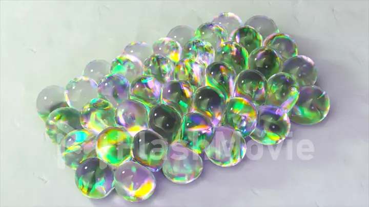 Abstract concept. Transparent bubbles with green liquid inside are inflated on a grid of circles. 3d illustration
