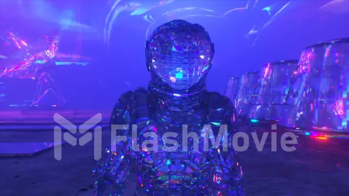 Cosmos concept. A diamond astronaut walks across Mars against the backdrop of a space base. Blue color. 3d Illustration