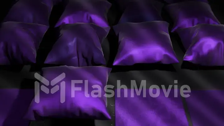 Close-up. Purple satin pillows inflate. Shadow on the surface. Pillows float above the floor. 3d illustration