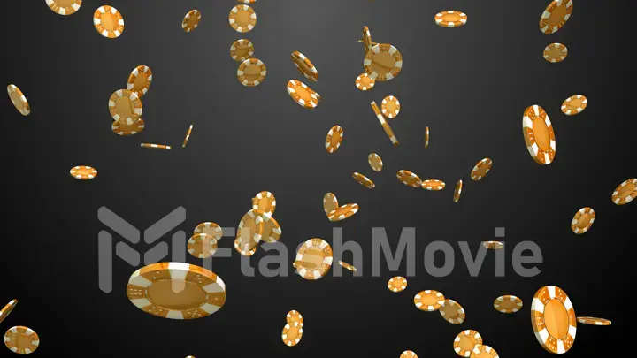 Falling gold casino chips on gray background 3d illustration