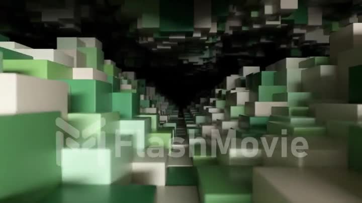Abstract geometric tunnel made of cubes with random movement. Seamless loop 3d render