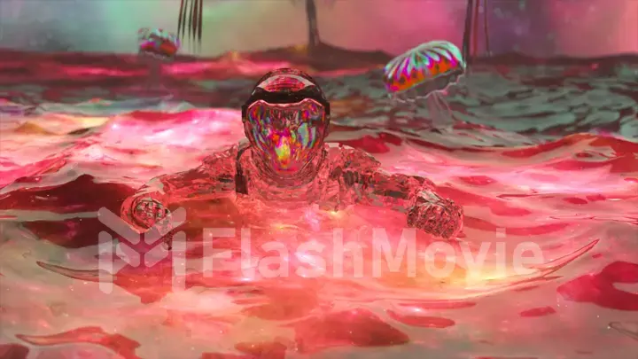 Diamond astronaut in ocean against the background of the starry sky. Diamond jellyfish fly. Red green neon color. Waves