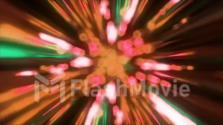 Golden shining rays of light fly through space on a dark background. Bokeh. Blur. Sparks. 3d illustration