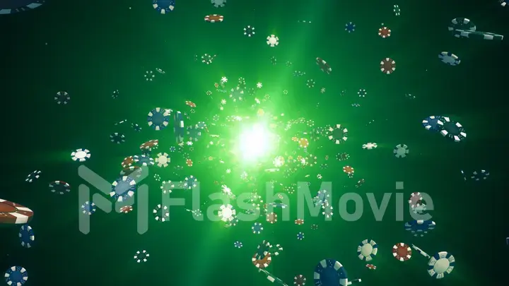 Flying casino chips in camera with rays of light on a colorful background 3d illustration