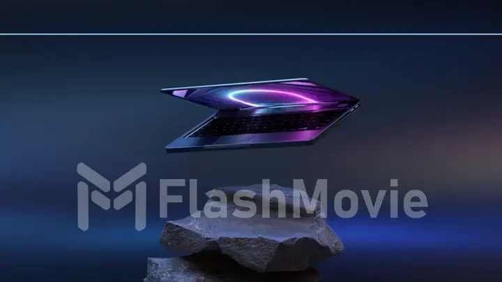 Technological concept. The laptop flies over the stone figure. Neon light. Blue abstract background