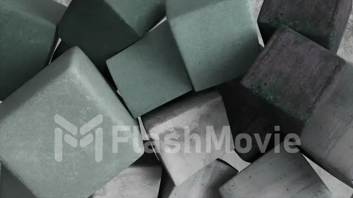 Abstract concept. Gray soft cubes stack and pile up against a gray concrete wall. Lots of cubes. 3d illustration