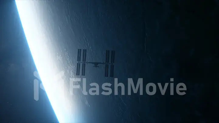 International Space Station ISS orbiting over planet Earth in outer space. Millions of stars and the milky way. 3d illustration