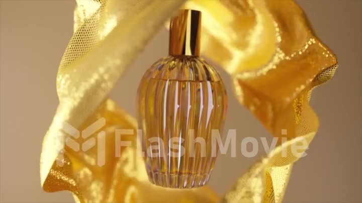Beauty concept. Perfume bottle on abstract beige background. Pieces of silk fabric fly around the bottle. 3d animation
