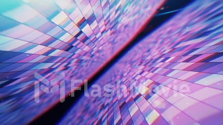 Flying in an abstract space with glowing flashing squares, blue red pink violet spectrum, fluorescent ultraviolet light, modern colorful lighting, 4k seamless loop cg animation