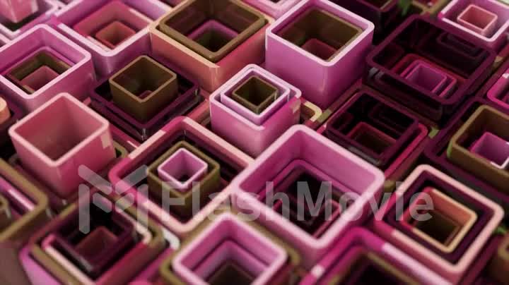 Abstraction concept. Square tubes stack into each other. Pink brown purple color. 3d animation of a seamless loop.