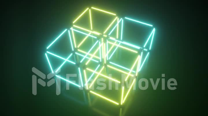 Four rotating glowing neon cube, fluorescent ultraviolet light, green yellow spectrum, abstract seamless loop 3D render geometric background