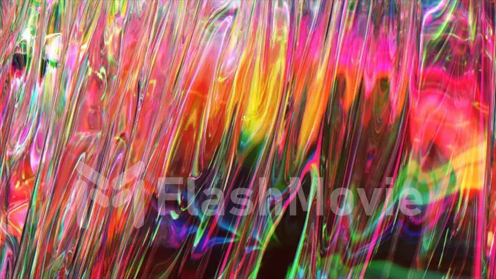 Folds on the surface of a transparent iridescent fabric. Pink yellow color. Texture. Close-up. 3d illustration