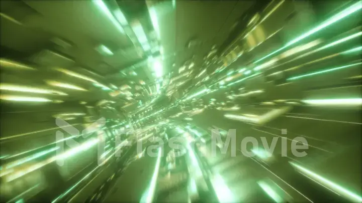 Journey through a futuristic neon tunnel. 3d illustration. High speed ride through a colorful corridor.