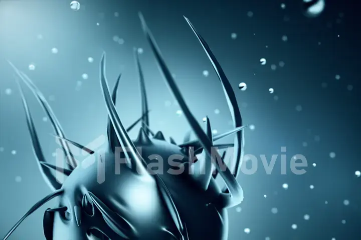 Abstract organic sphere releasing tentacles in dark blue color rotating in droplets of water 3d illustration