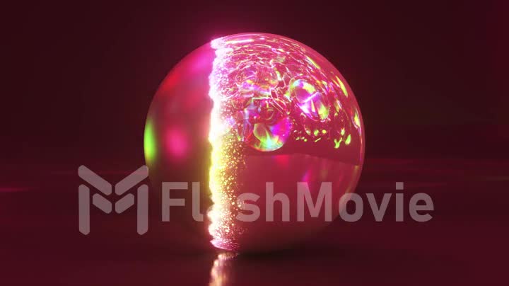 The shiny sphere changes its shell. Under the blue shell, a crystal rainbow ball appears. Pink neon color. Particles.