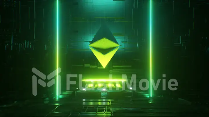 Pixel animation of Ethereum coin symbol logo with neon lighting. Ethereum coin 3d illustration