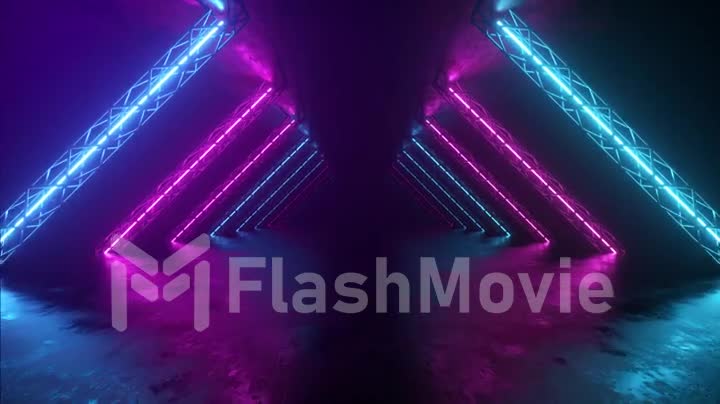 Abstract neon background flying forward through the corridor, glowing pink blue lines appear, ultraviolet spectrum. Seamless loop 3d render