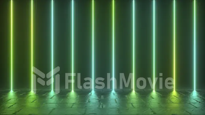 Futuristic concept. Sci-fi abstract green neon lines on dark background. Reflection on the floor. 3d illustration