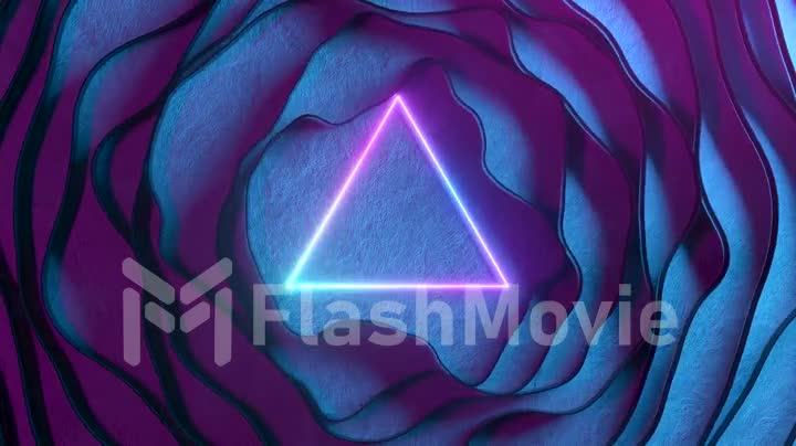 Abstract neon background. Bright neon triangle interact with dynamic stripes.Modern ultraviolet neon lighting. Blue pink spectrum.