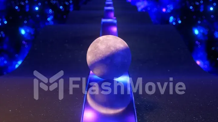 The ball looks like the moon rolls on a metal mirror track. Dark road. Space background. Blue neon color.