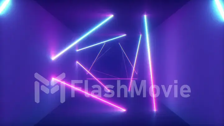 Abstract flying in futuristic corridor with triangles background, fluorescent ultraviolet light, colorful laser neon lines, geometric endless tunnel, blue pink spectrum, 3d illustration