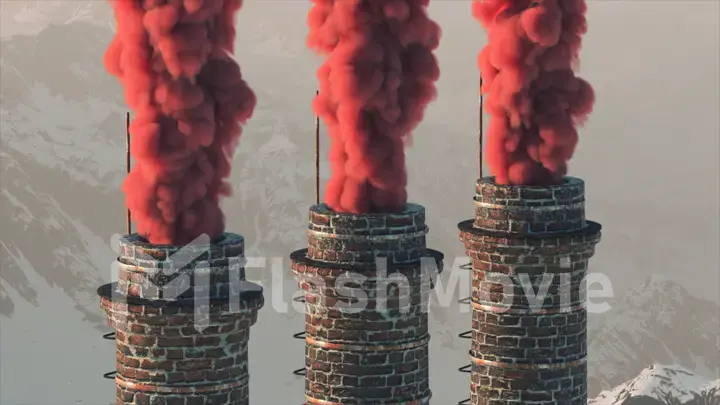 Brick chimney on the against the backdrop of a snowy mountain landscape. Colored smoke. Winter. 3d Illustration.