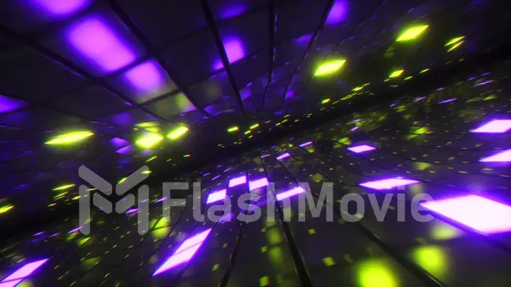 Abstract flying in endless space of neon and metal cubes. Modern yellow purple color spectrum of light. 3d illustration