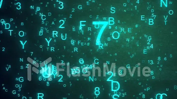 Alphabet letters and numbers randomly thrown in space creating an abstract digital background with noise and distortion