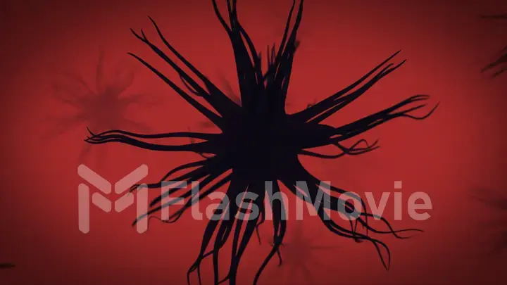 Viral bacterium under a microscope on a red background