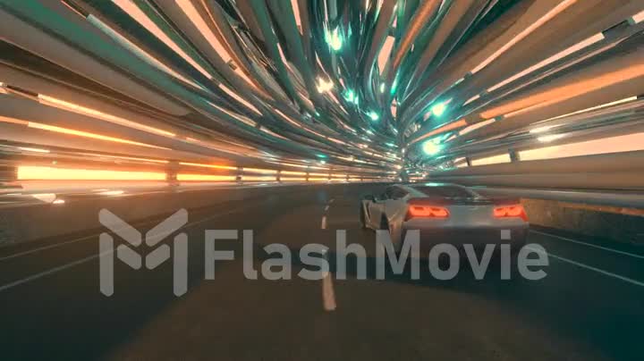 The movement of car on a futuristic bridge with fiber optic. Future technologies concept. Business background. Pleasant natural light. Seamless loop 3d render