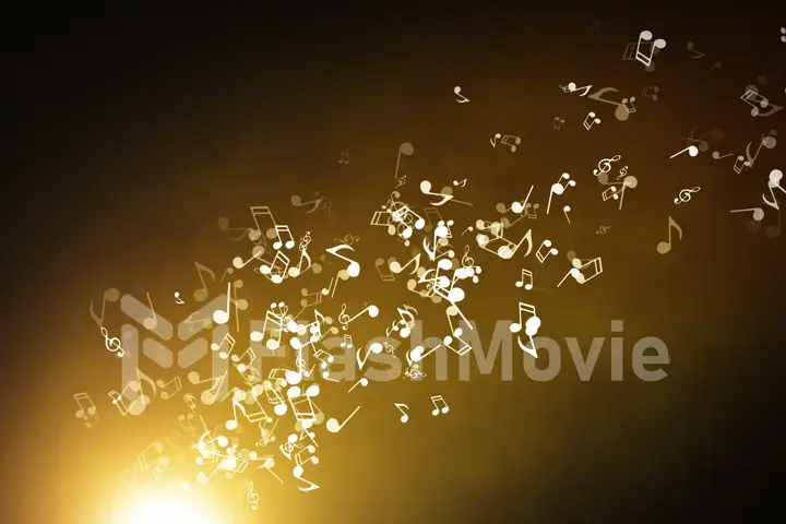 Floating musical notes on an abstract gold background with flares 3d illustration
