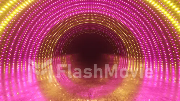 Abstrac motion background. Neon lights. Glowing dots spiral tunnel. Bright vibrant dots. laser illumination. Pink and blue colors. Reflective metal scratched texture floor. 3d illustration