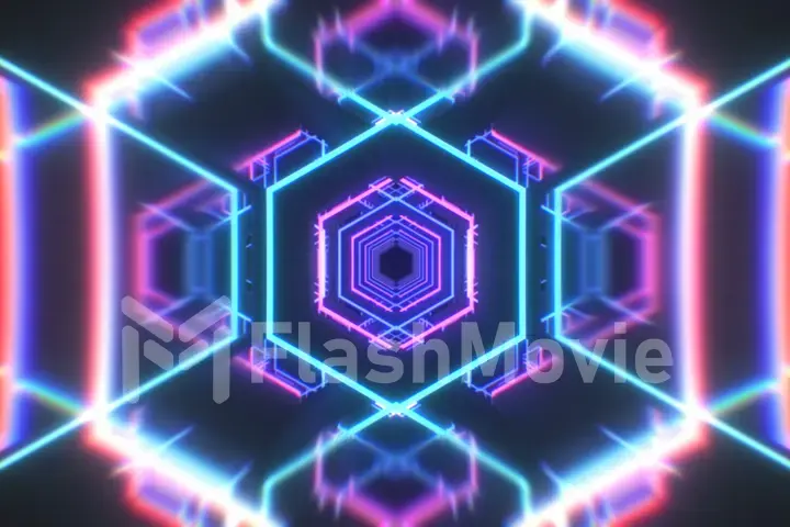 Abstract flight in a hexagonal tunnel in retro futuristic style, 3d illustration