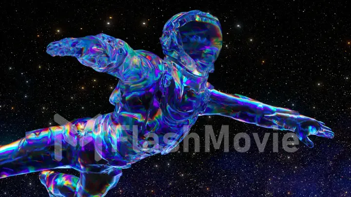Space concept. An astronaut in a diamond suit floats against the backdrop of the starry sky. Blue neon.