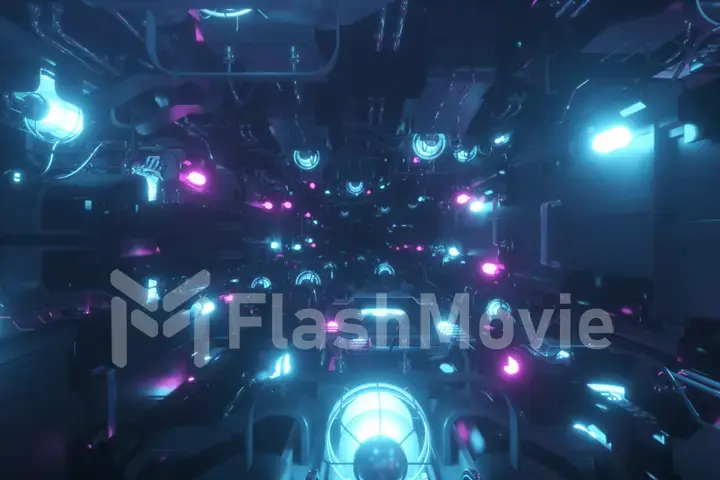 Flying into spaceship tunnel, sci-fi spaceship corridor. Futuristic technology abstract seamless VJ for tech titles and background. Motion graphic for internet, speed. 3d illustration