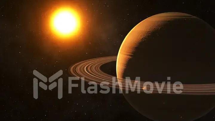 The sun shines on Saturn in space high quality 3d illustration.