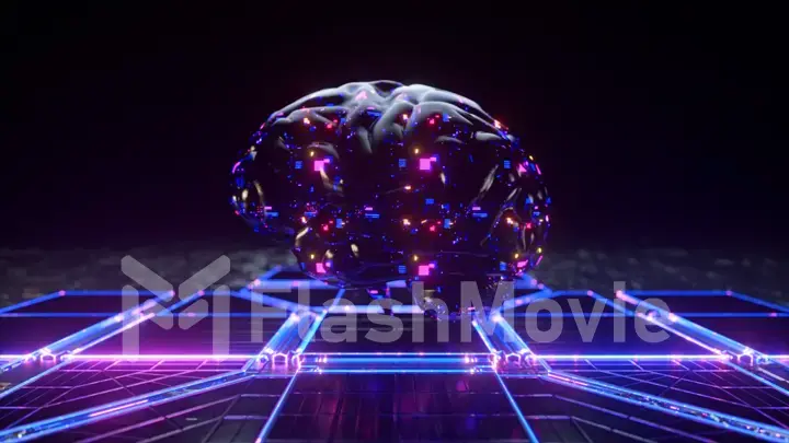 Futuristic concept. A glass brain floats above the surface. Microcircuits. Blue pink neon light. 3d Illustration