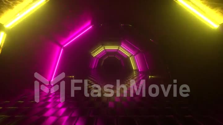 Flight through hexagonal corridor, glowing tunnel, pink yellow neon light, abstract background, 80's retro style, pop music stage, fashion podium. Seamless loop 3d render