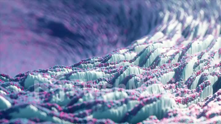 Abstract wave displacement surface. Abstract planet surface. Noise texture makes a highs and lows surface details. Blue pink spectrum. Seamless loop 4k 3d render