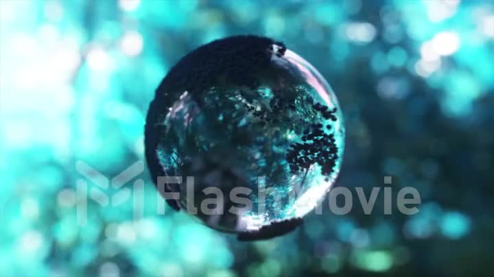 Engraved map of the world on a crystal ball. Rotating globe. Blurred forest background. 3d animation of seamless loop
