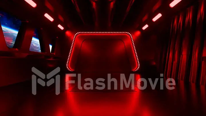Sci-fi tunnel in outer space with neon light. Planet Earth outside the window of the spaceship. Space technology concept. 3d illustration